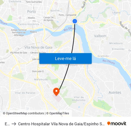 Edp to Centro Hospitalar Vila Nova de Gaia / Espinho Santos Silva - Unidade 1 map