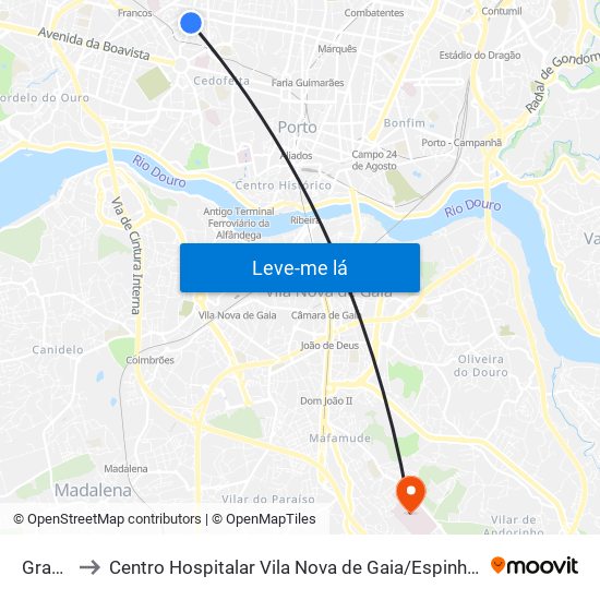 Graciosa to Centro Hospitalar Vila Nova de Gaia / Espinho Santos Silva - Unidade 1 map