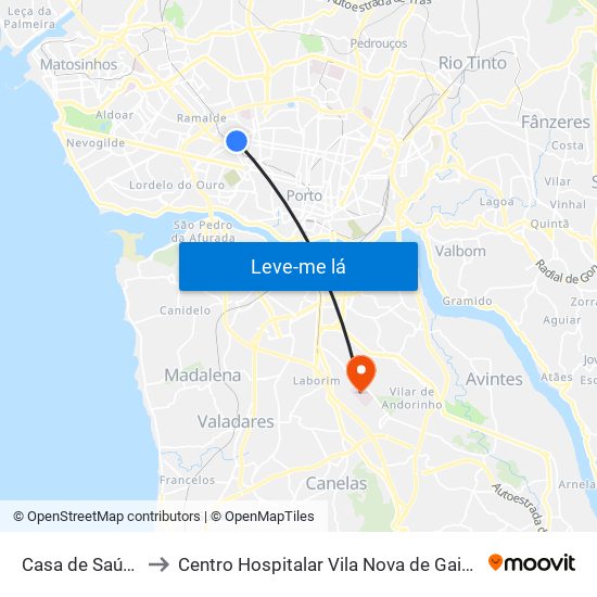 Casa de Saúde da Boavista to Centro Hospitalar Vila Nova de Gaia / Espinho Santos Silva - Unidade 1 map