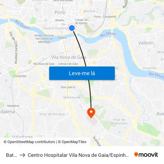 Batalha to Centro Hospitalar Vila Nova de Gaia / Espinho Santos Silva - Unidade 1 map