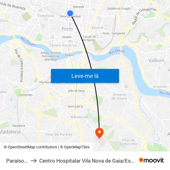 Paraíso (Metro) to Centro Hospitalar Vila Nova de Gaia / Espinho Santos Silva - Unidade 1 map