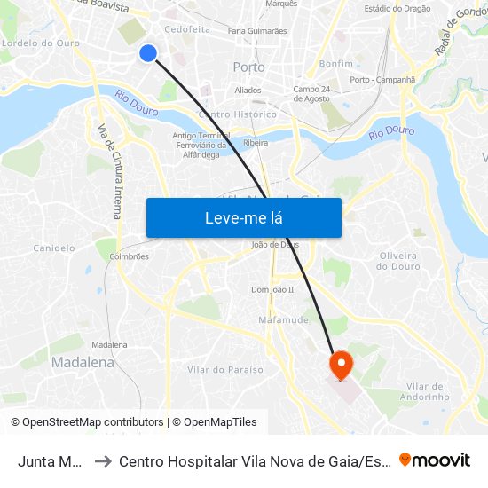 Junta Massarelos to Centro Hospitalar Vila Nova de Gaia / Espinho Santos Silva - Unidade 1 map