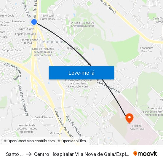 Santo Ovídio to Centro Hospitalar Vila Nova de Gaia / Espinho Santos Silva - Unidade 1 map