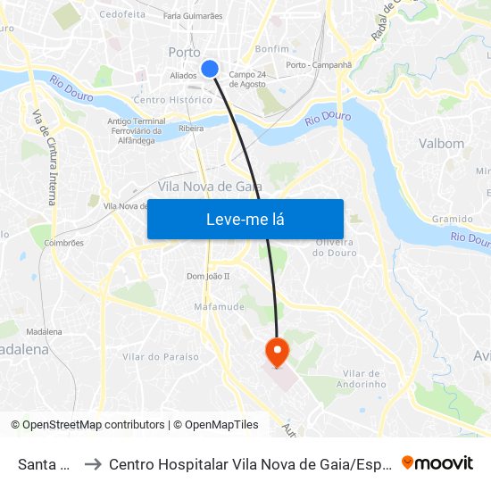 Santa Catarina to Centro Hospitalar Vila Nova de Gaia / Espinho Santos Silva - Unidade 1 map