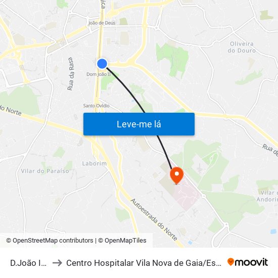 D.João II (Metro) to Centro Hospitalar Vila Nova de Gaia / Espinho Santos Silva - Unidade 1 map