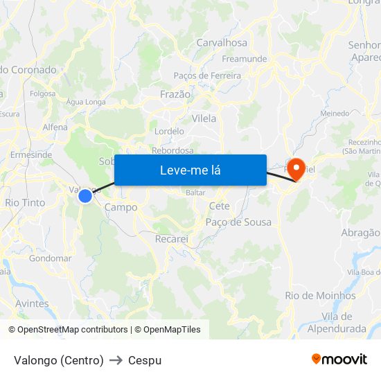 Valongo (Centro) to Cespu map