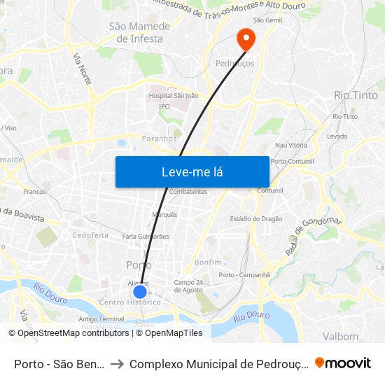 Porto - São Bento to Complexo Municipal de Pedrouços map