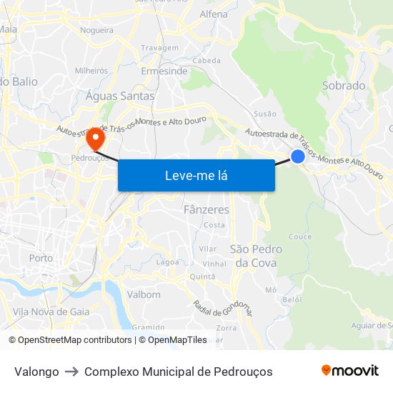 Valongo to Complexo Municipal de Pedrouços map