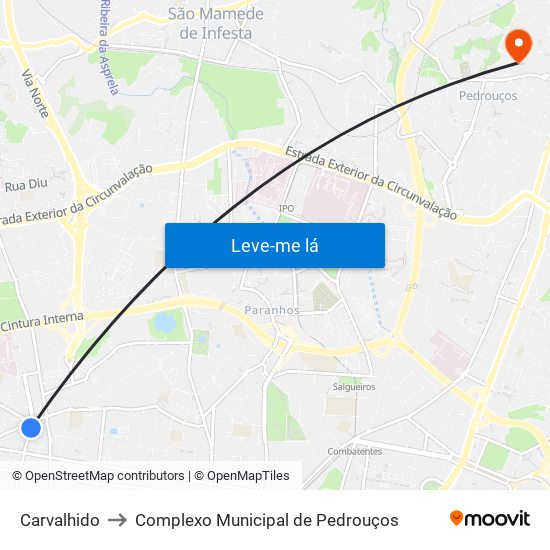 Carvalhido to Complexo Municipal de Pedrouços map