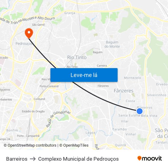 Barreiros to Complexo Municipal de Pedrouços map