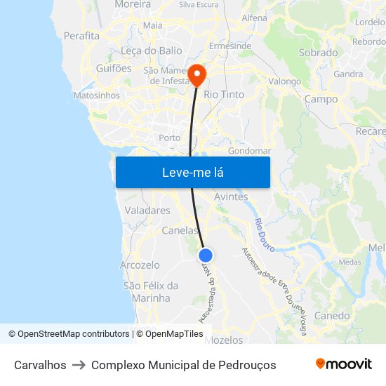Carvalhos to Complexo Municipal de Pedrouços map