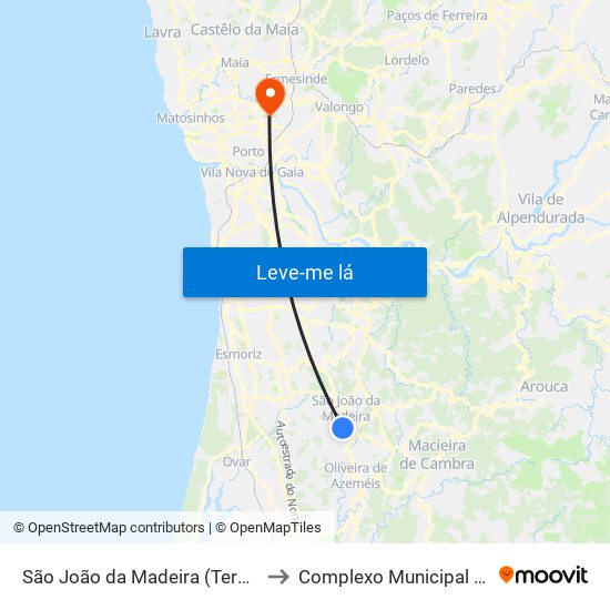 São João da Madeira (Terminal Rodoviário) to Complexo Municipal de Pedrouços map