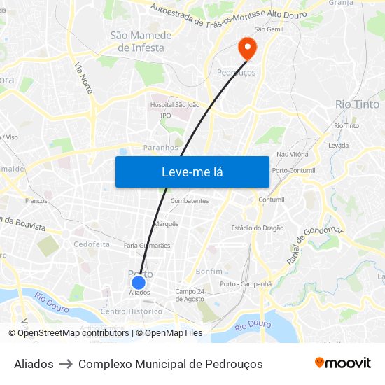 Aliados to Complexo Municipal de Pedrouços map