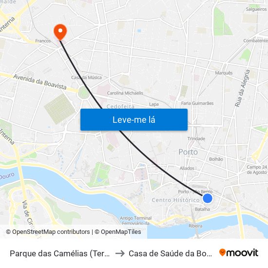 Parque das Camélias (Terminal) to Casa de Saúde da Boavista map