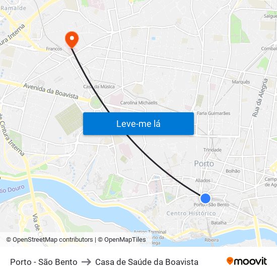 Porto - São Bento to Casa de Saúde da Boavista map