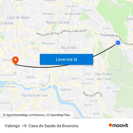 Valongo to Casa de Saúde da Boavista map