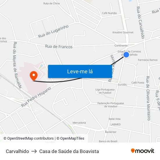 Carvalhido to Casa de Saúde da Boavista map