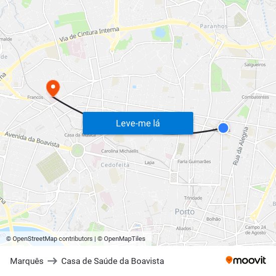 Marquês to Casa de Saúde da Boavista map