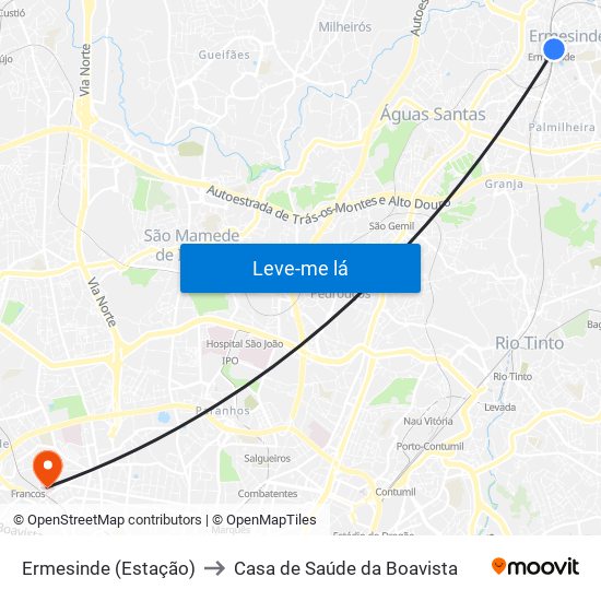 Ermesinde (Estação) to Casa de Saúde da Boavista map