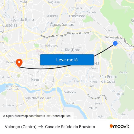 Valongo (Centro) to Casa de Saúde da Boavista map