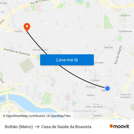 Bolhão (Metro) to Casa de Saúde da Boavista map