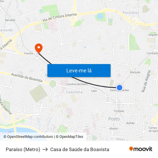 Paraíso (Metro) to Casa de Saúde da Boavista map