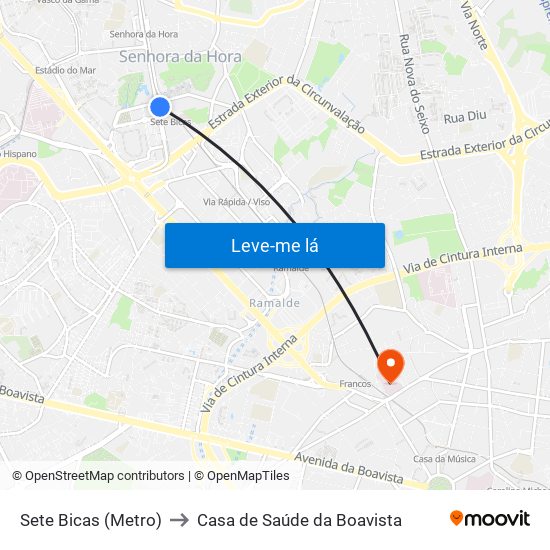 Sete Bicas (Metro) to Casa de Saúde da Boavista map