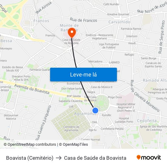 Boavista (Cemitério) to Casa de Saúde da Boavista map