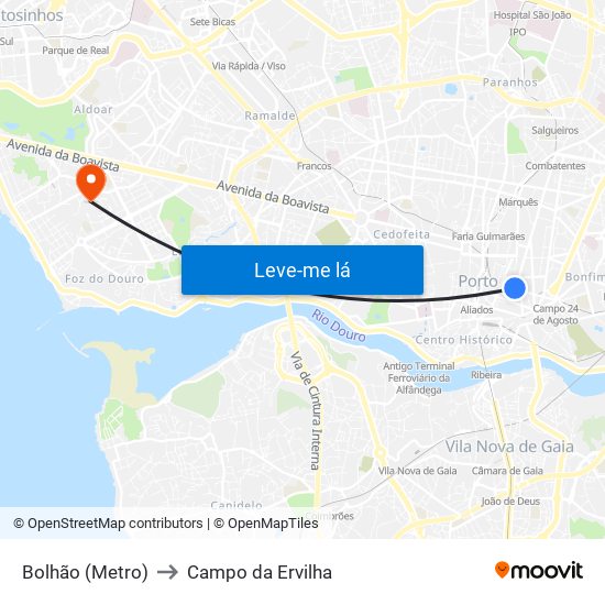 Bolhão (Metro) to Campo da Ervilha map