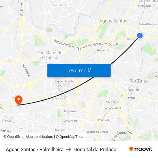 Águas Santas - Palmilheira to Hospital da Prelada map