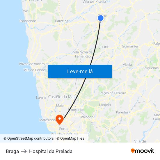 Braga to Hospital da Prelada map