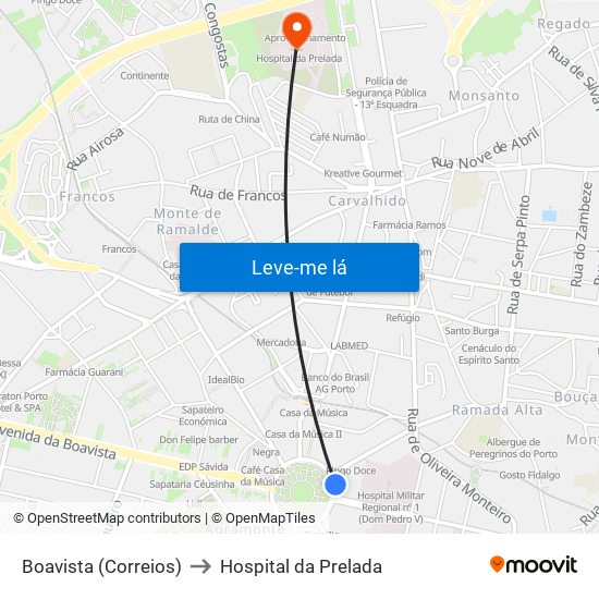 Boavista (Correios) to Hospital da Prelada map