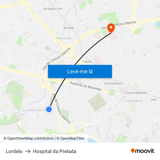 Lordelo to Hospital da Prelada map