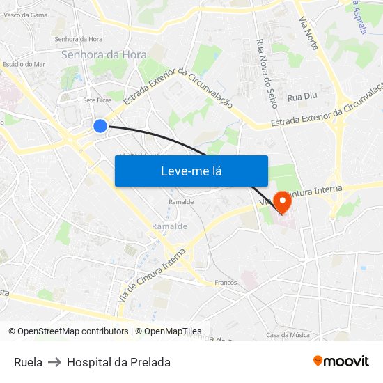 Ruela to Hospital da Prelada map