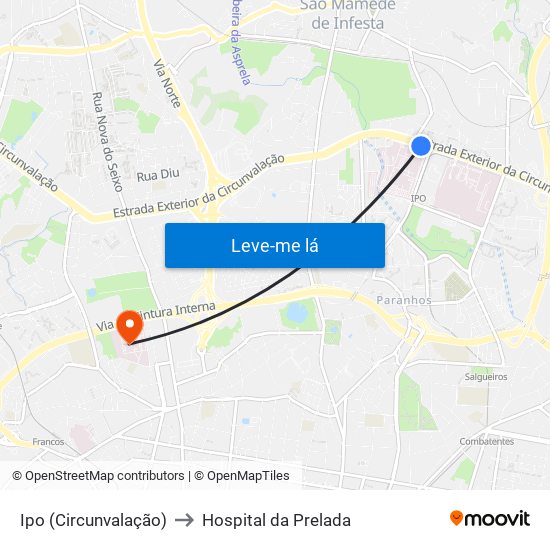 Ipo (Circunvalação) to Hospital da Prelada map