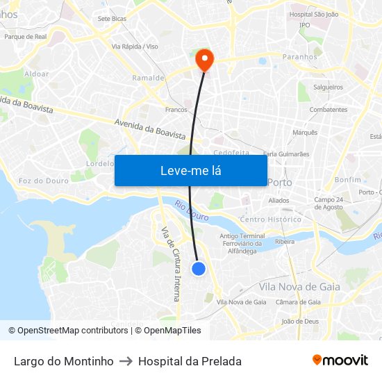 Largo do Montinho to Hospital da Prelada map