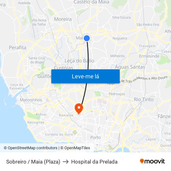 Sobreiro / Maia (Plaza) to Hospital da Prelada map