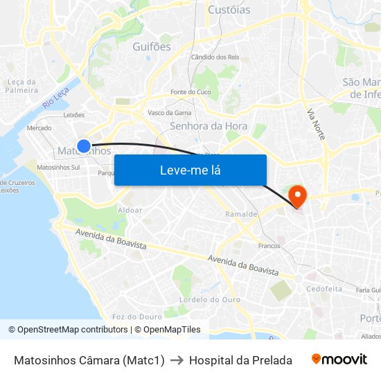 Matosinhos Câmara (Matc1) to Hospital da Prelada map