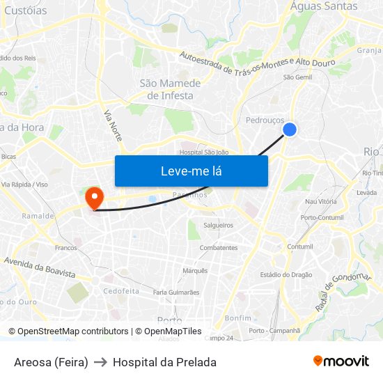 Areosa (Feira) to Hospital da Prelada map