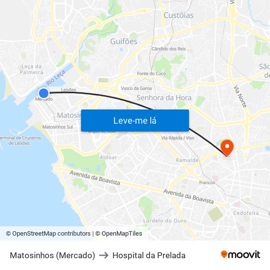 Matosinhos (Mercado) to Hospital da Prelada map