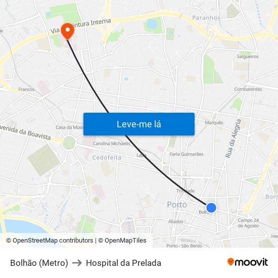 Bolhão (Metro) to Hospital da Prelada map