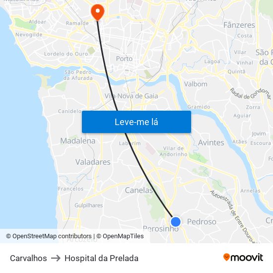 Carvalhos to Hospital da Prelada map