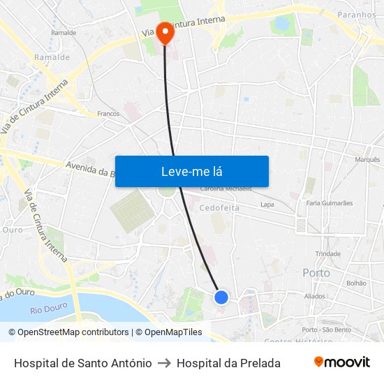 Hospital de Santo António to Hospital da Prelada map