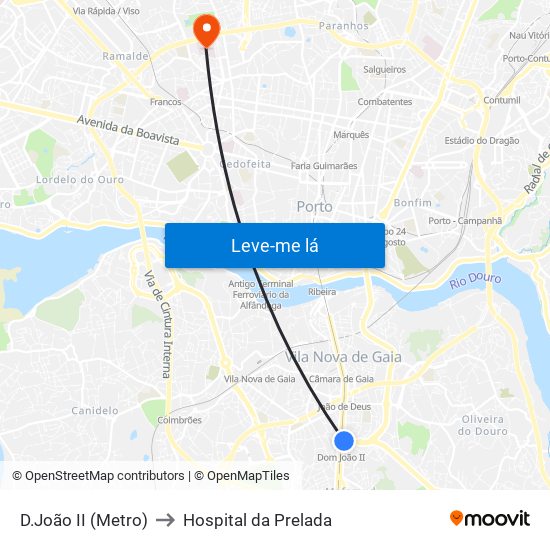 D.João II (Metro) to Hospital da Prelada map