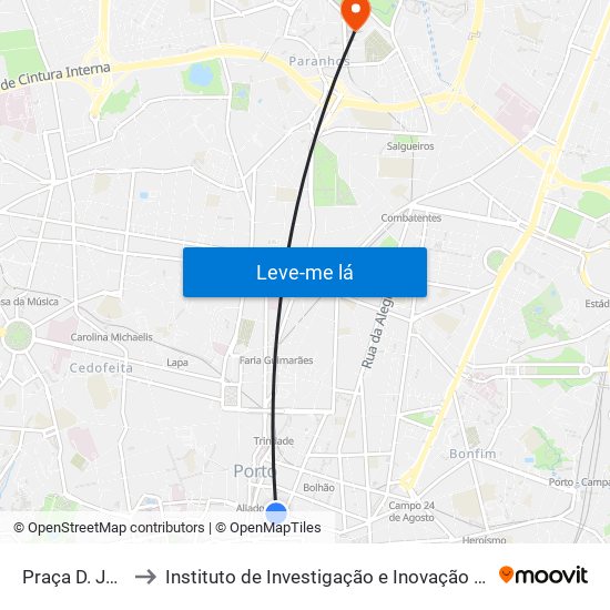 Praça D. João I to Instituto de Investigação e Inovação Em Saúde map