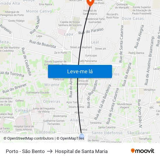 Porto - São Bento to Hospital de Santa Maria map