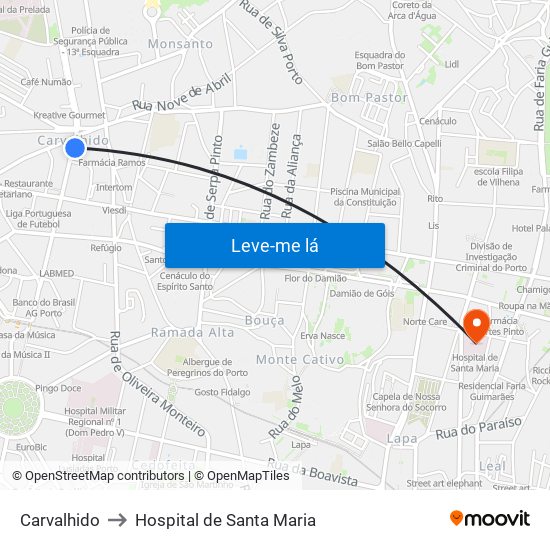 Carvalhido to Hospital de Santa Maria map