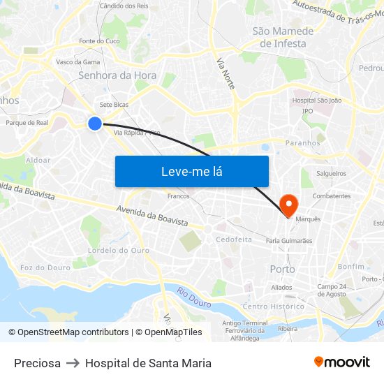 Preciosa to Hospital de Santa Maria map
