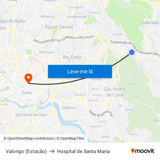 Valongo (Estação) to Hospital de Santa Maria map
