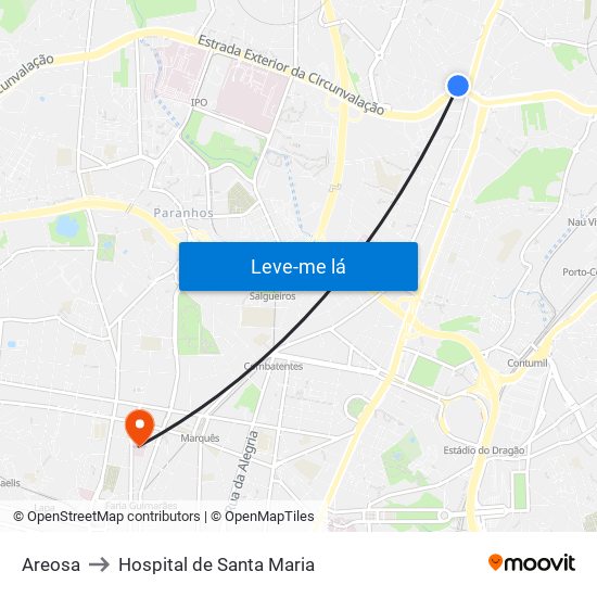 Areosa to Hospital de Santa Maria map